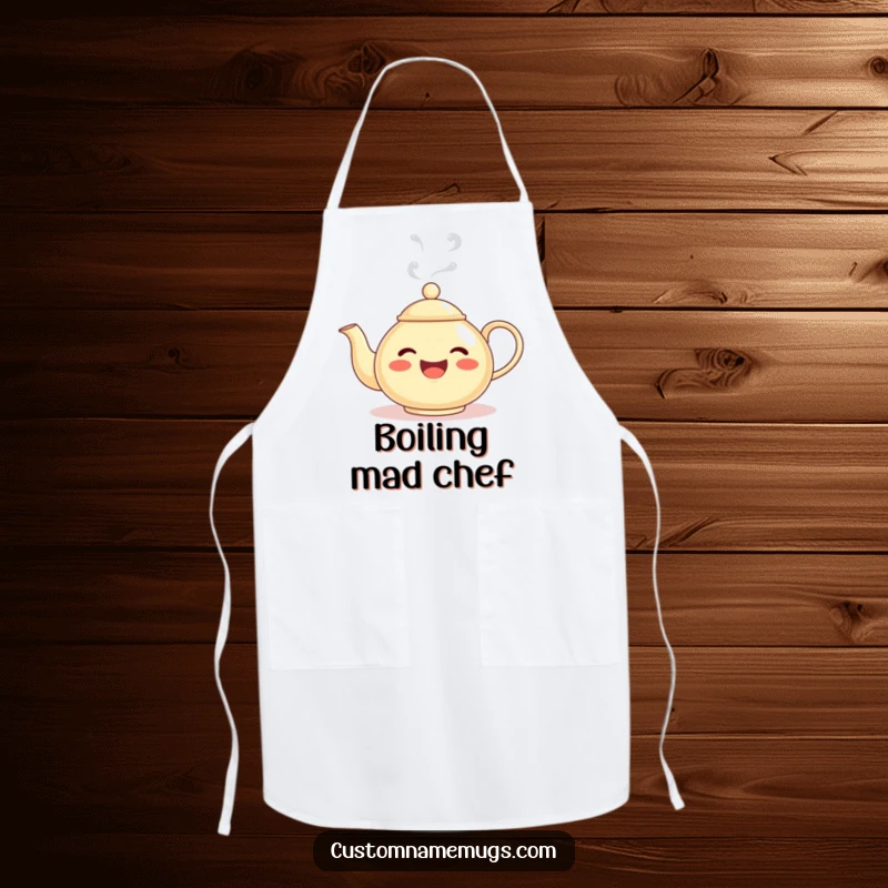 Funny apron with a delighted teapot character whose steam makes a silly face, ideal for humorous kitchen activities and a great gift.