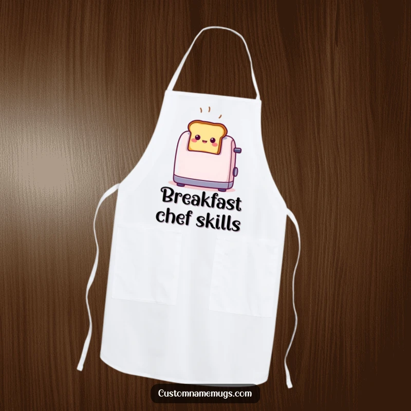 Funny tiny smiling toast popping out of a toaster with surprise, printed on a practical apron for a humorous breakfast experience.