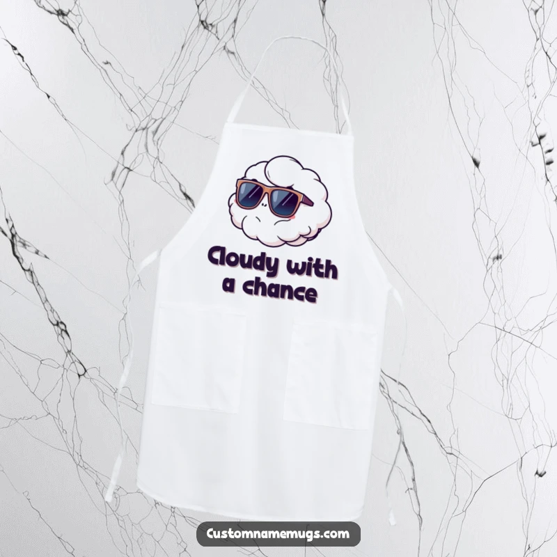 Funny fluffy cloud character comically floats away wearing oversized sunglasses, featured on a kitchen apron for humorous cooking sessions.