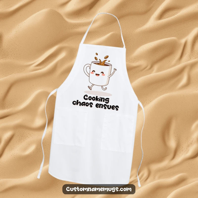 Funny apron showing a coffee mug with legs spilling its contents while dancing, a humorous kitchen accessory.