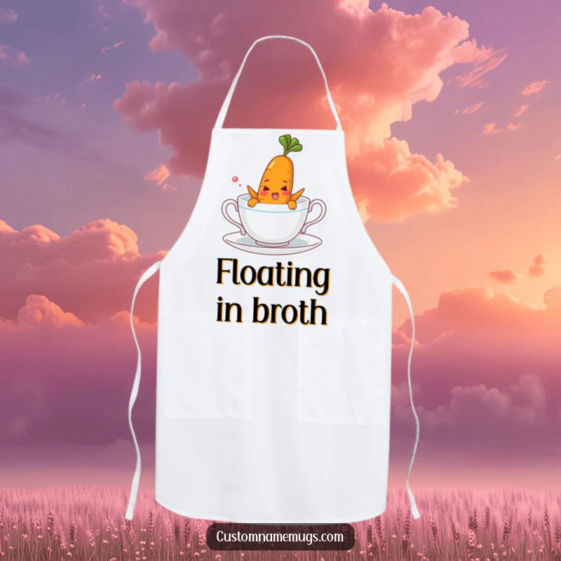 Funny apron showing a cheerful carrot character comically swimming in a teacup, perfect for kitchen use and adding a touch of humor.