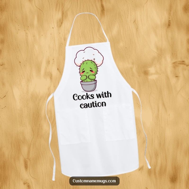 Funny Kawaii cactus character looking uncomfortable hugging a fluffy cloud, a humorous apron for cooking or baking.