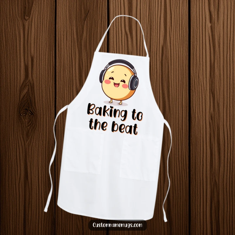 Funny Apron: Smiling round bread character comically wearing oversized headphones, happily bobbing its head while cooking.
