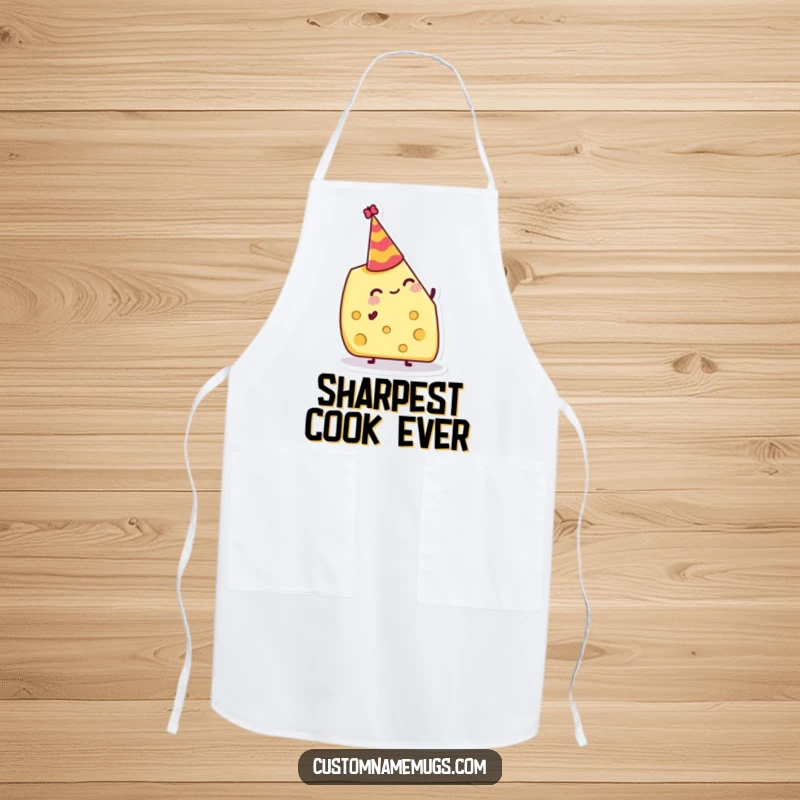 Funny Apron: Jolly cheese wedge attempting to balance a tiny party hat, ideal for humorous cooking sessions.