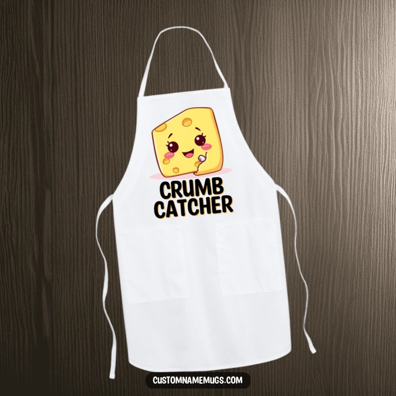Funny apron with a mischievous cheese wedge character hiding behind a cracker, perfect for kitchen fun.