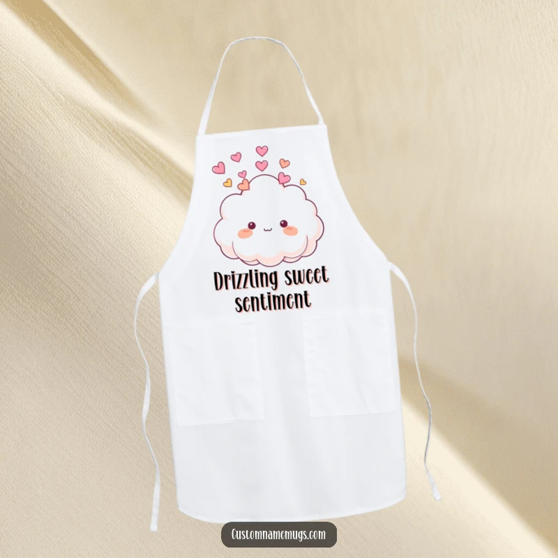 Funny Apron: Cute, fluffy cloud character playfully raining small, colorful hearts onto its own head while cooking, looking cheerful.