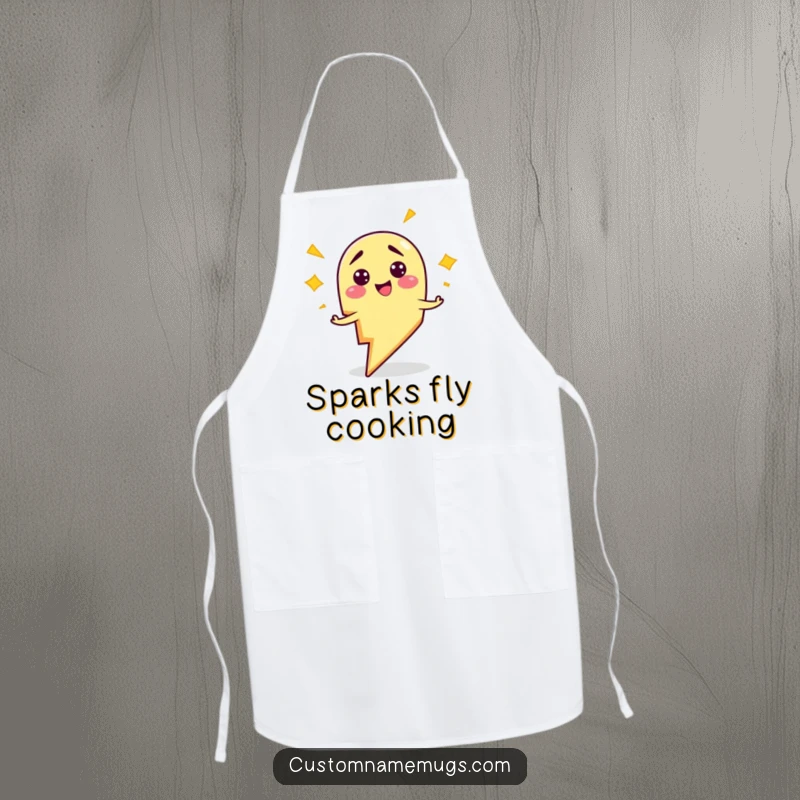 Funny apron with a smiling, clumsy lightning bolt character comically zapping himself, ideal for humorous kitchen wear and gifts.