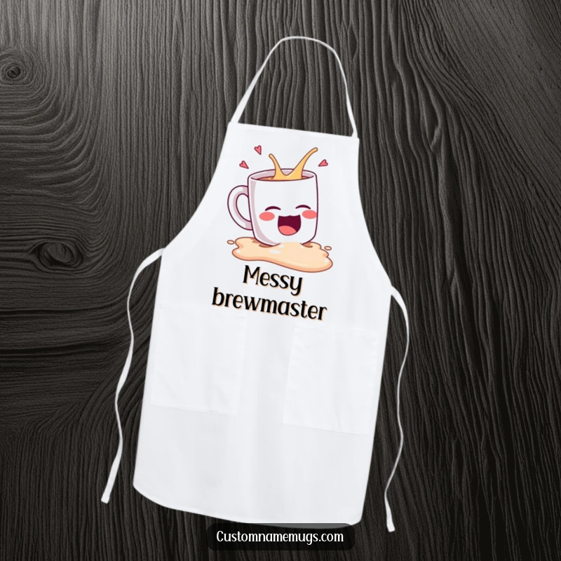 Funny Kawaii coffee mug character spilling while laughing crazily, a humorous apron for cooking and coffee preparation.