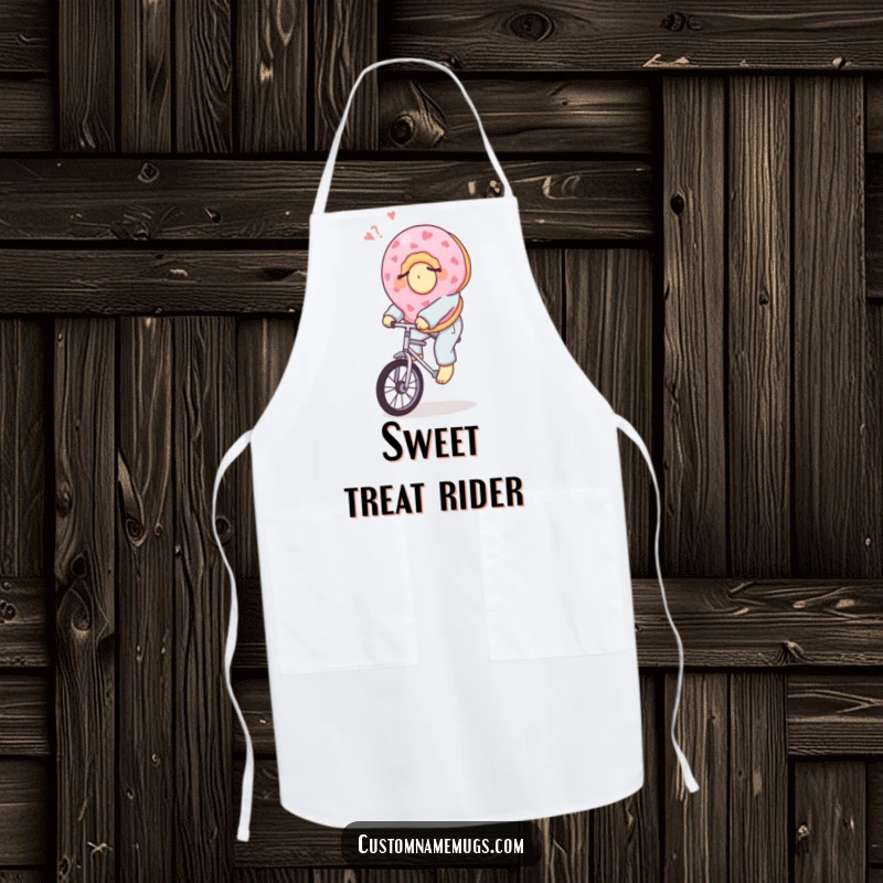 Funny apron with a sleepy donut in pajamas riding a unicycle, perfect for kitchen activities with a humorous, sweet twist.