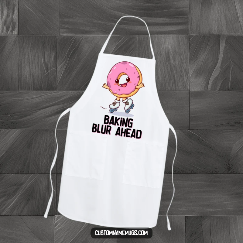 Funny apron showing a smiling donut wearing roller skates, spinning erratically, a humorous kitchen accessory.