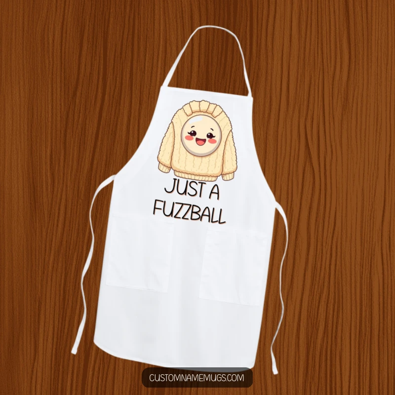 Funny Apron: Exaggeratedly happy button stuck on a giant, fuzzy sweater, serving up kitchen humor with style.