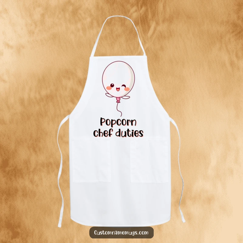 Funny Kawaii balloon character popping while trying to fly, a humorous and practical apron for cooking.