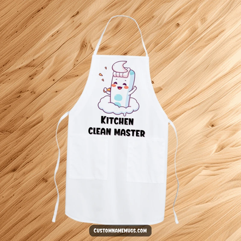 Funny Kawaii toothbrush character trying to brush a cloud, a humorous and practical apron for cooking.