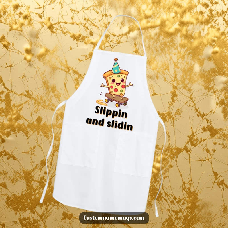 Funny Pizza Skateboarder Apron: A pizza slice skateboarding down a sauce slide, bringing humor to the kitchen and making a funny gift.