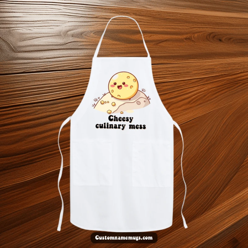 Funny apron showcasing a happy, round cheese character rolling downhill and comically losing pieces. Ideal for humorous kitchen tasks.