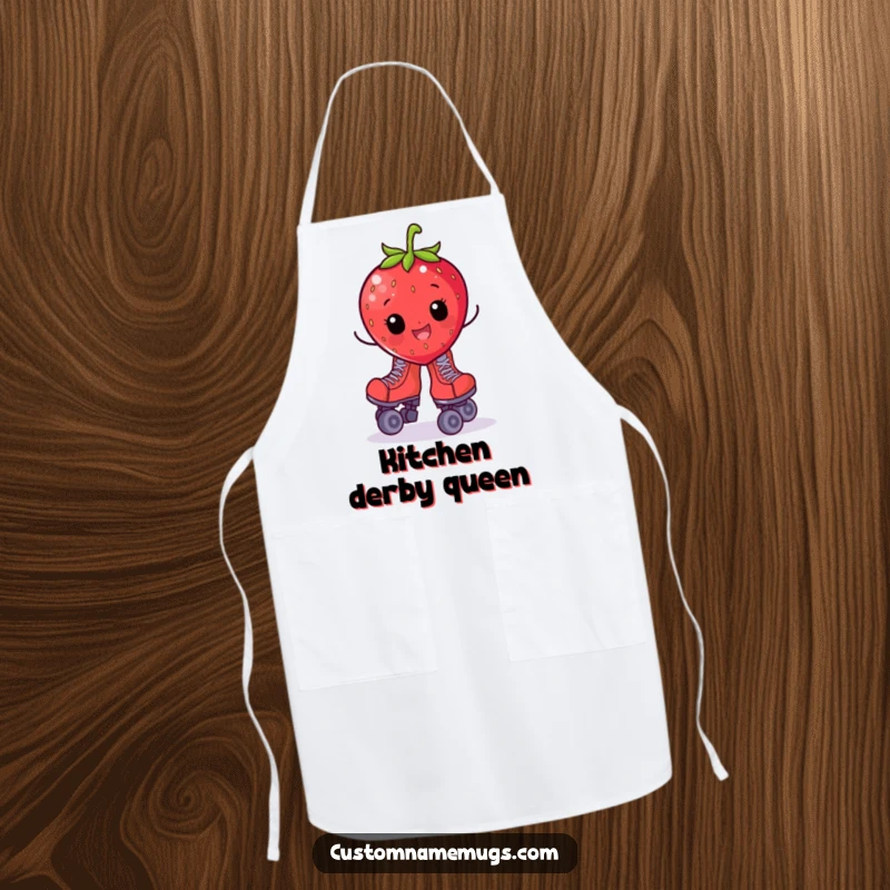 Funny apron with a cheerful strawberry character wearing oversized roller skates and wobbling, perfect for kitchen fun.