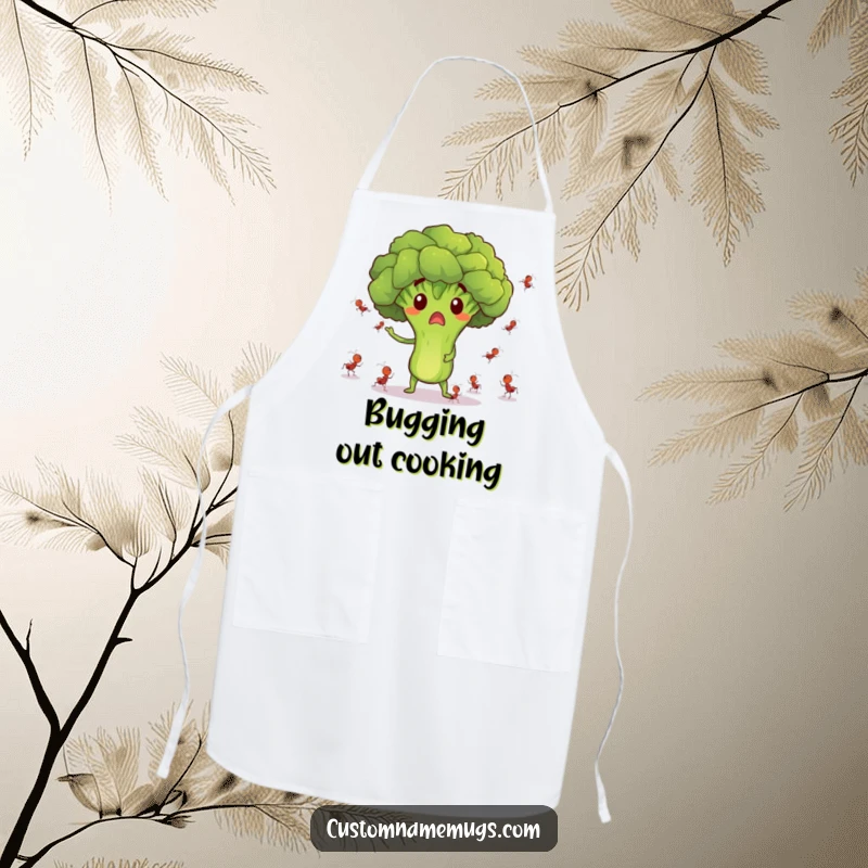 Funny apron with a surprised broccoli character juggling tiny dancing ants, perfect for humorous kitchen wear.