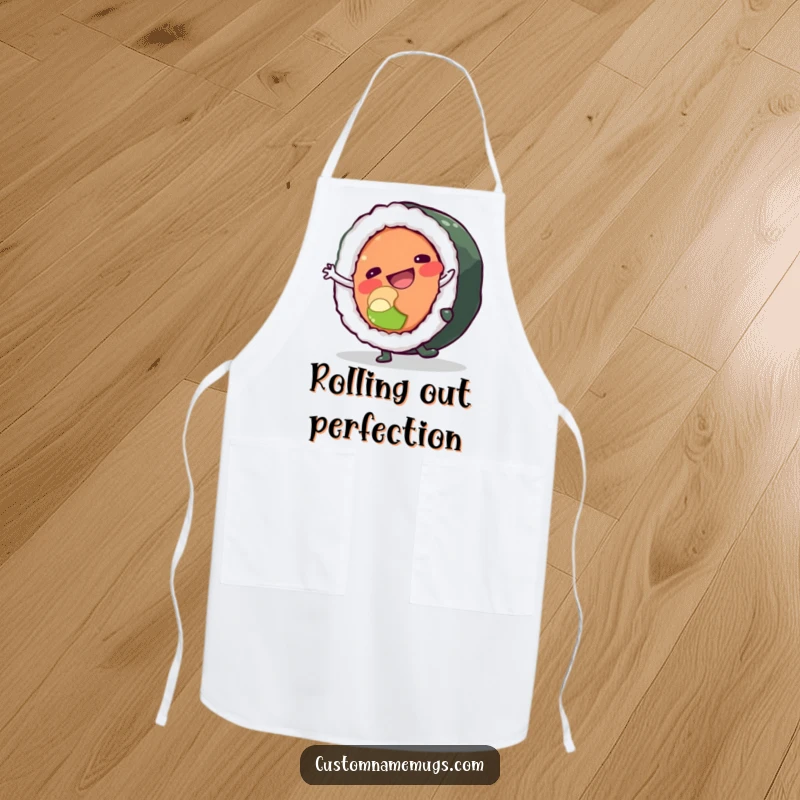 Funny apron showing a happy sushi roll character doing a cartwheel and almost falling apart, ideal for adding humor to cooking.