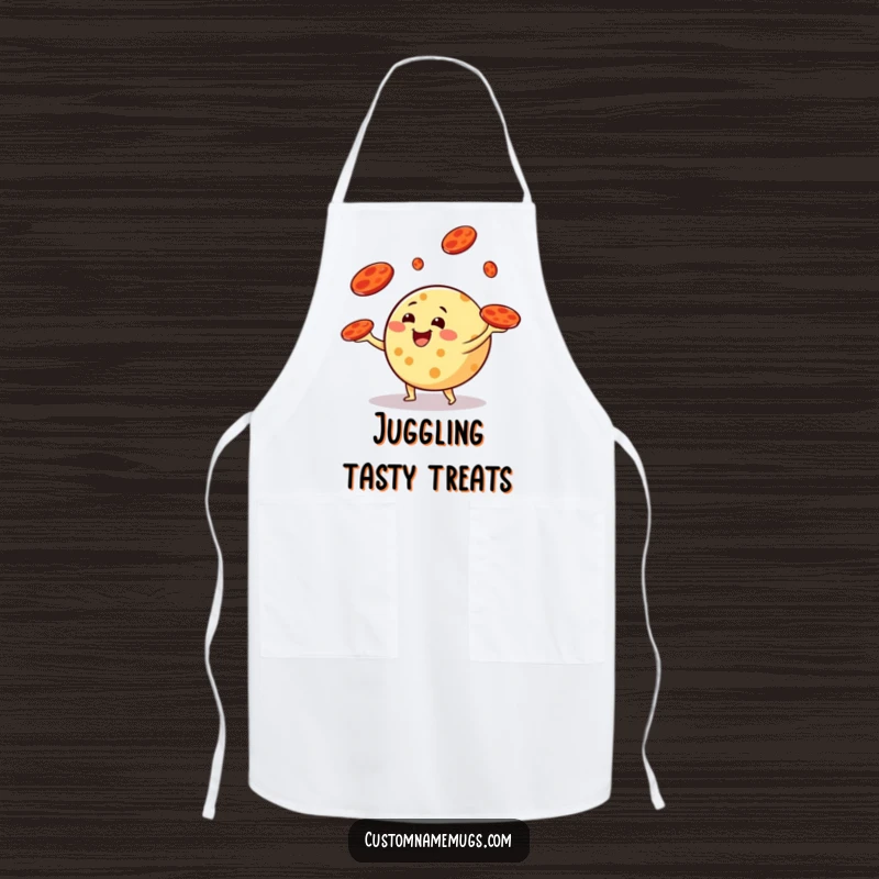 Funny apron with a round cheese character happily juggling pepperoni slices like frisbees, designed for humorous cooking and kitchen fun.