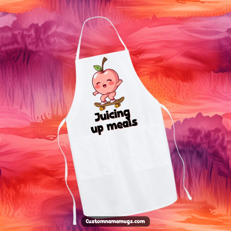 Funny apron with a blushing, rosy apple character riding a skateboard, perfect for humorous kitchen wear.
