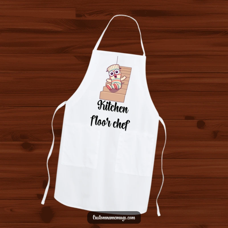 Funny apron showcasing a goofy sock character with mismatched eyes comically tumbling down stairs, ready for kitchen chaos with a smile.