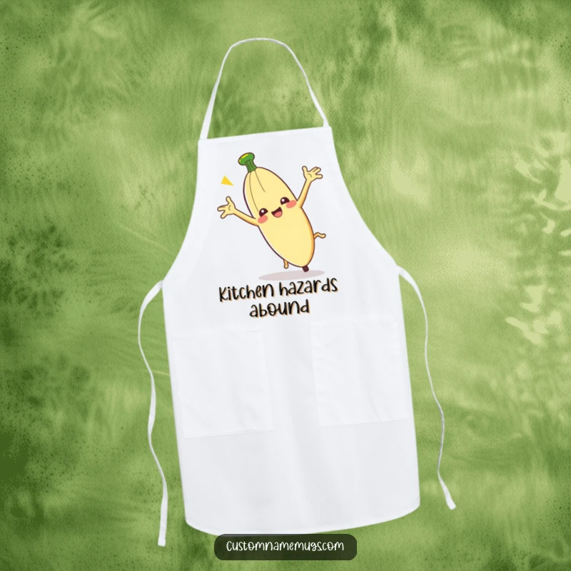 Funny Clumsy Banana Peel Apron: A banana peel slips comically, a humorous apron for kitchen fun.