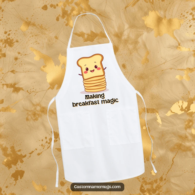 Funny chef apron with a smug slice of toast balancing a wobbly stack of pancakes about to tumble. Great for kitchen fun.