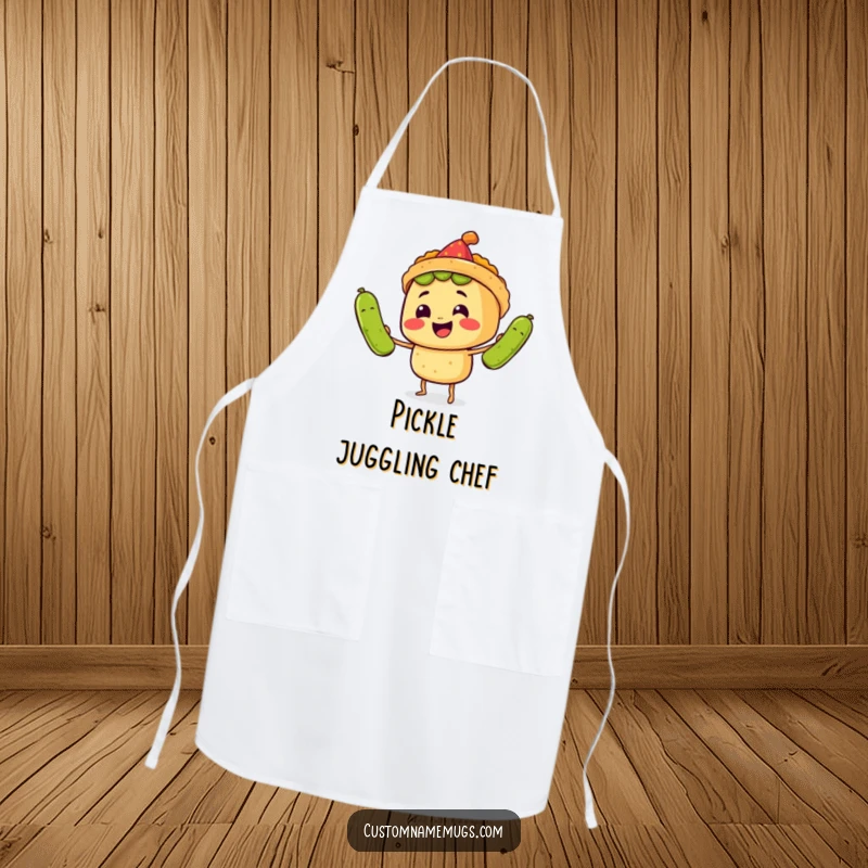 Funny Apron: A smiling taco in a party hat juggles large pickles, humorously depicting kitchen fiesta fun.
