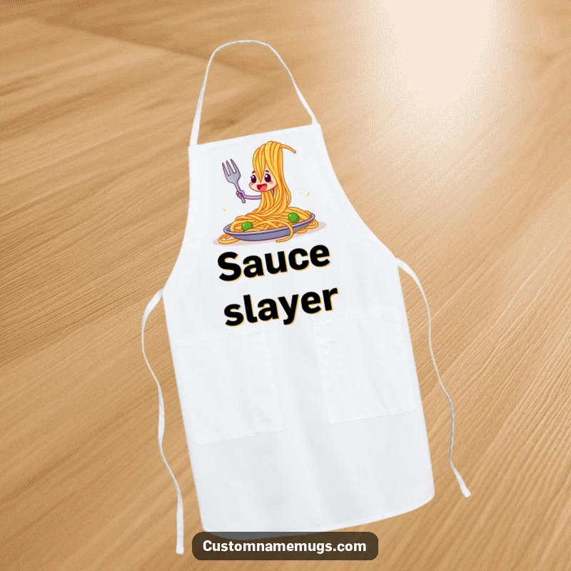 Funny apron showing a determined fork character courageously fighting a massive spaghetti strand, ideal for kitchen fun.