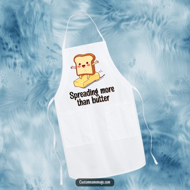 Funny apron showing a cheerful toast character surfing a runaway pat of butter, ideal for adding humor to cooking and baking.