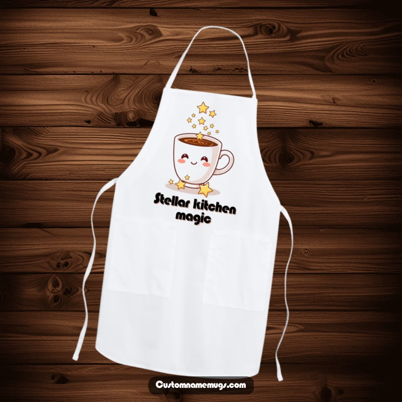 Funny coffee cup apron, a smiling cup pouring sparkling stars, for magical kitchen experiences.