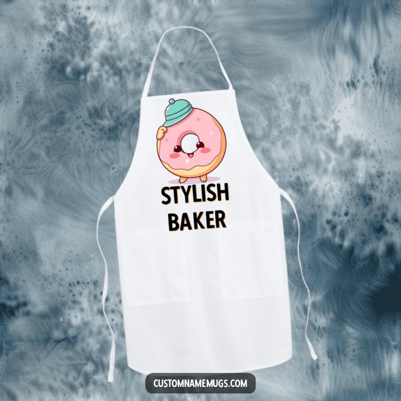 Funny donut hat apron with a cheerful donut character comically wearing a tiny hat, ready to bake up a storm with sweet style.