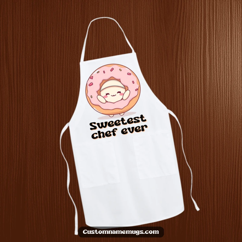 Funny kitchen apron showing a gleeful blob character attempting to wear a giant donut as a hat, perfect for messy, happy cooking sessions.