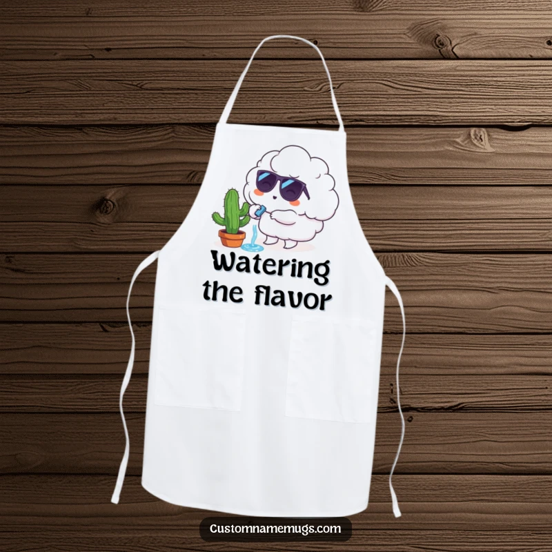 Funny Apron: A fluffy cloud character wearing sunglasses tries to water a tiny, sad cactus.