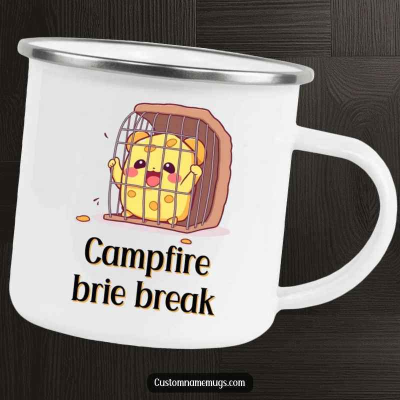 Funny Kawaii cheese character joyfully escaping a small cage, a humorous camping mug for outdoor enthusiasts.
