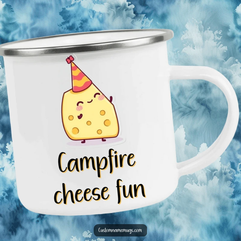 Funny Camping Mug: Jolly cheese wedge attempting to balance a tiny party hat, perfect for outdoor celebrations.