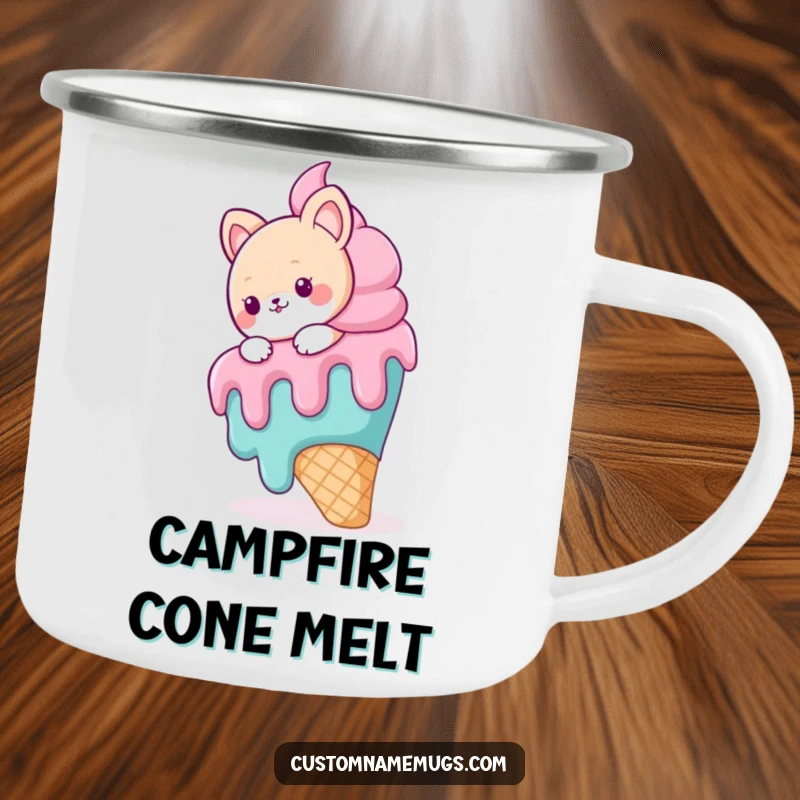 Funny enamel camping mug with a cute animal character slipping on a massive, melting ice cream cone, ready for outdoor enjoyment.