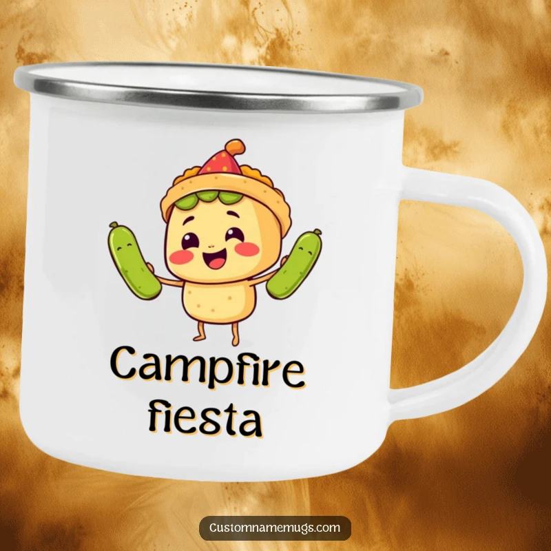 Funny Camping Mug: A smiling taco character in a party hat juggles oversized pickles, humorously depicting outdoor fiesta.