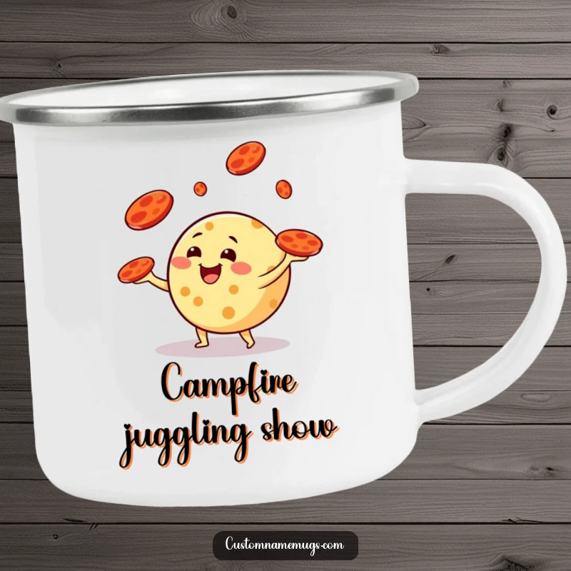 Funny camping mug with a round cheese character happily juggling pepperoni slices like frisbees, built for outdoor fun and humorous sipping.