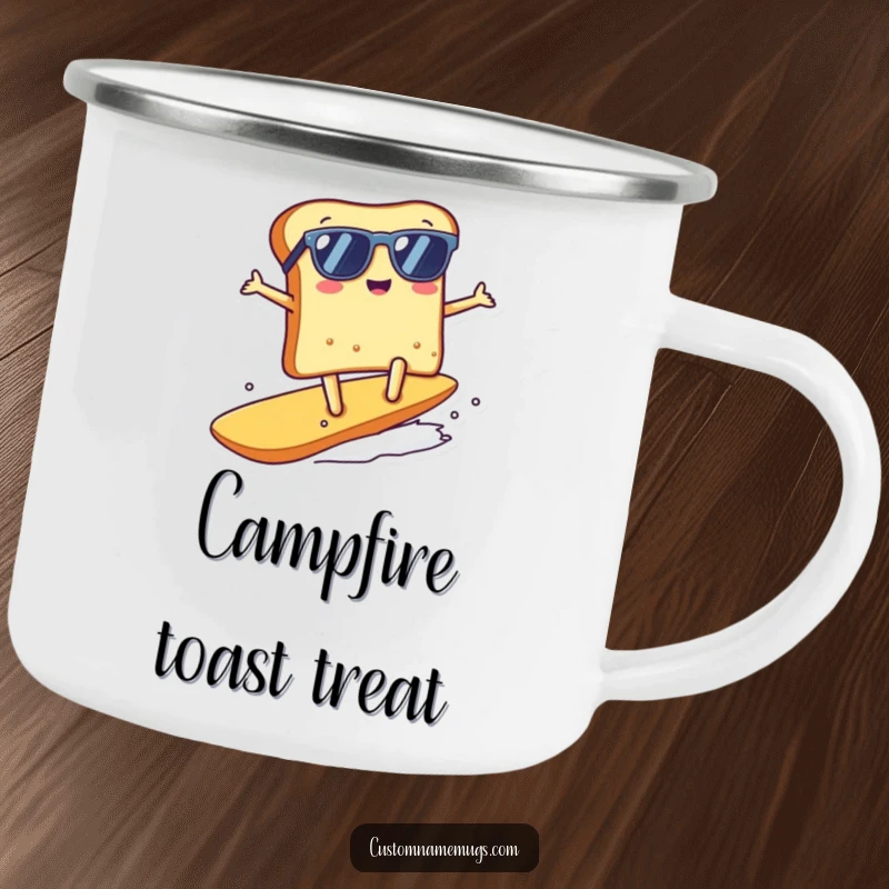 Funny kawaii toast character surfing a crumb on a durable camping mug, great for outdoor funny gift.