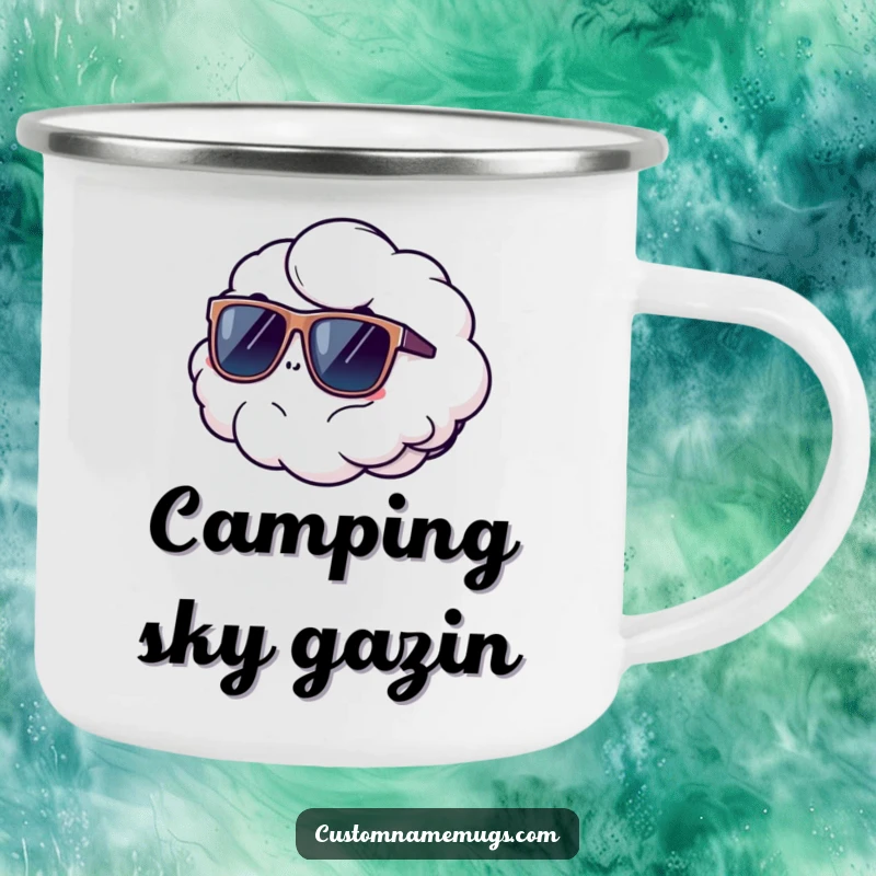 Funny camping mug showing a fluffy cloud comically floating away wearing oversized sunglasses, ready for outdoor fun and humorous campsite moments.