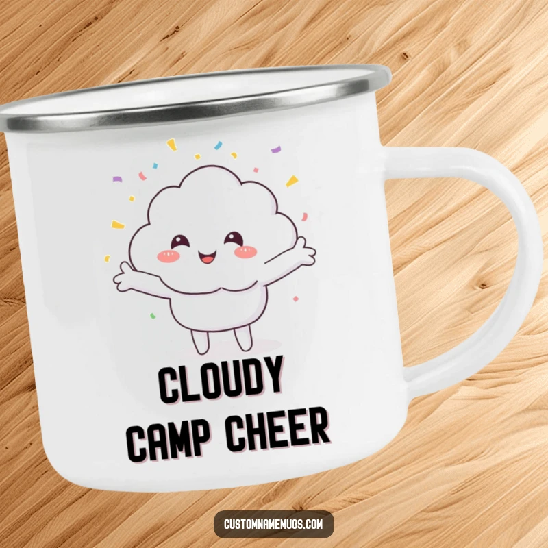 Funny camping mug featuring a smiling cloud character joyfully embracing a downpour of confetti, perfect for outdoor festivities.