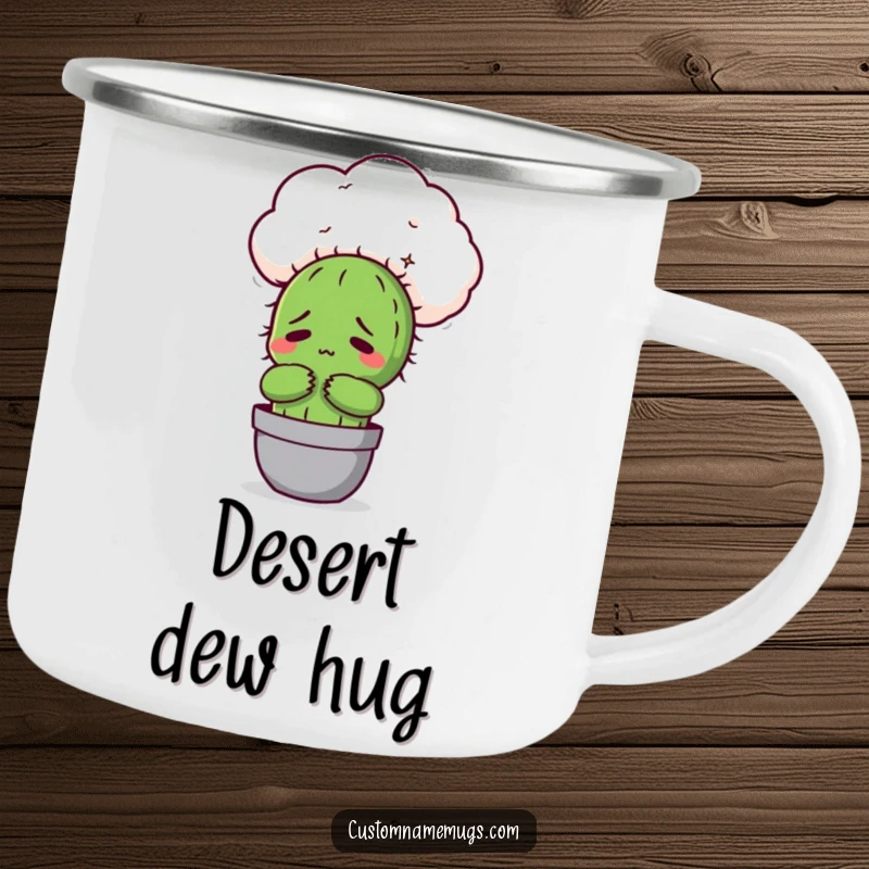 Funny Kawaii cactus character looking uncomfortable hugging a fluffy cloud, a humorous camping mug for outdoor adventures.