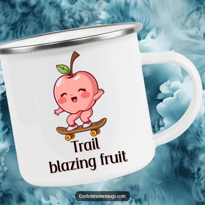 Funny camping mug with a blushing, rosy apple character riding a skateboard, perfect for outdoor humor.