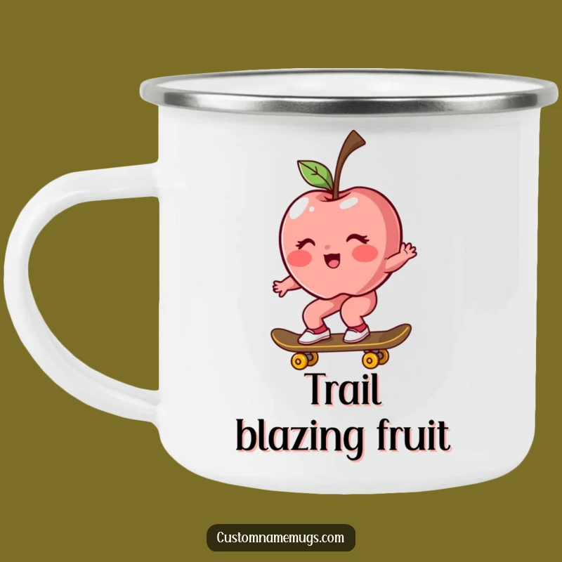 Funny Apple Skater Camping Mug: Rosy Blush & Rogue Ride - Outdoor Fun!