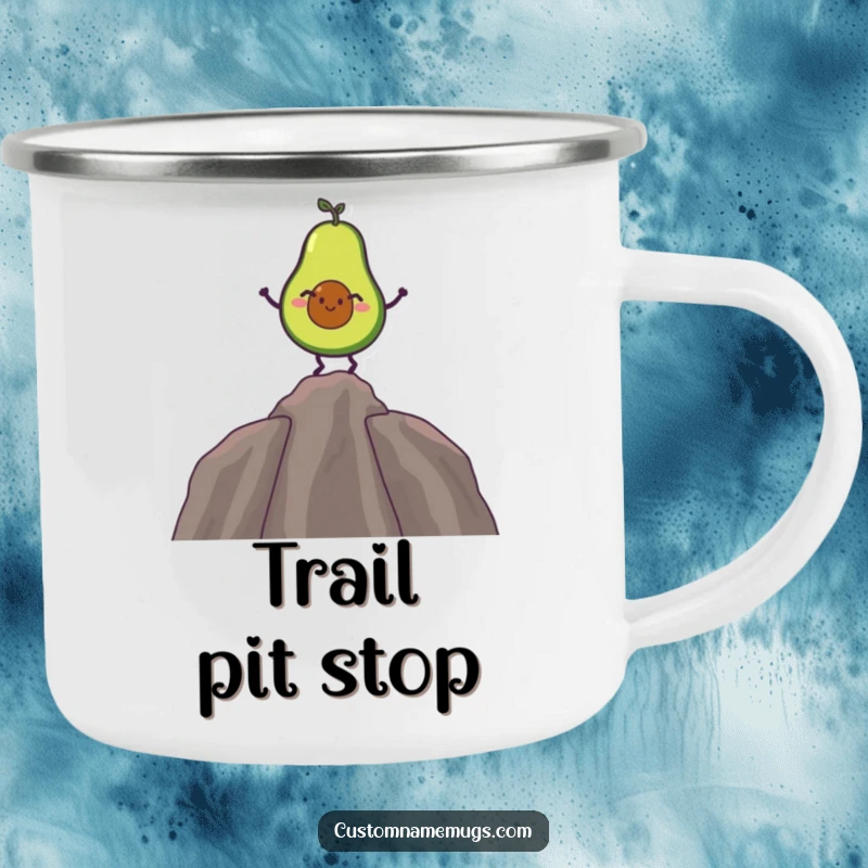 Funny camping mug featuring a giggling avocado balancing on its pit, suitable for outdoor enjoyment and humor.