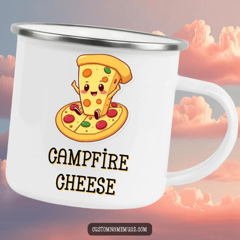 Funny cheese pizza camping mug depicting a proud cheese slice character falling into a giant pizza, perfect for outdoor meals and laughs.