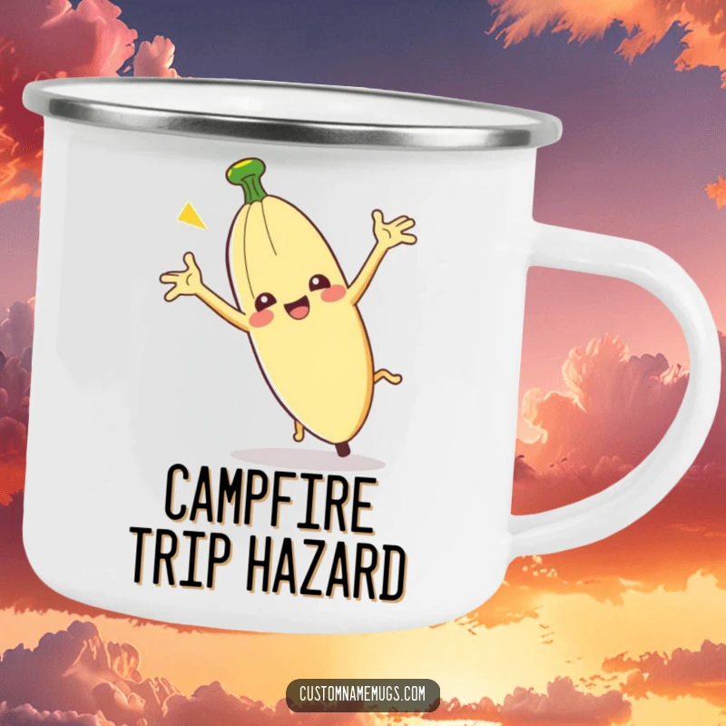 Funny Clumsy Banana Peel Camping Mug: A banana peel slips comically, ideal for outdoor laughs.