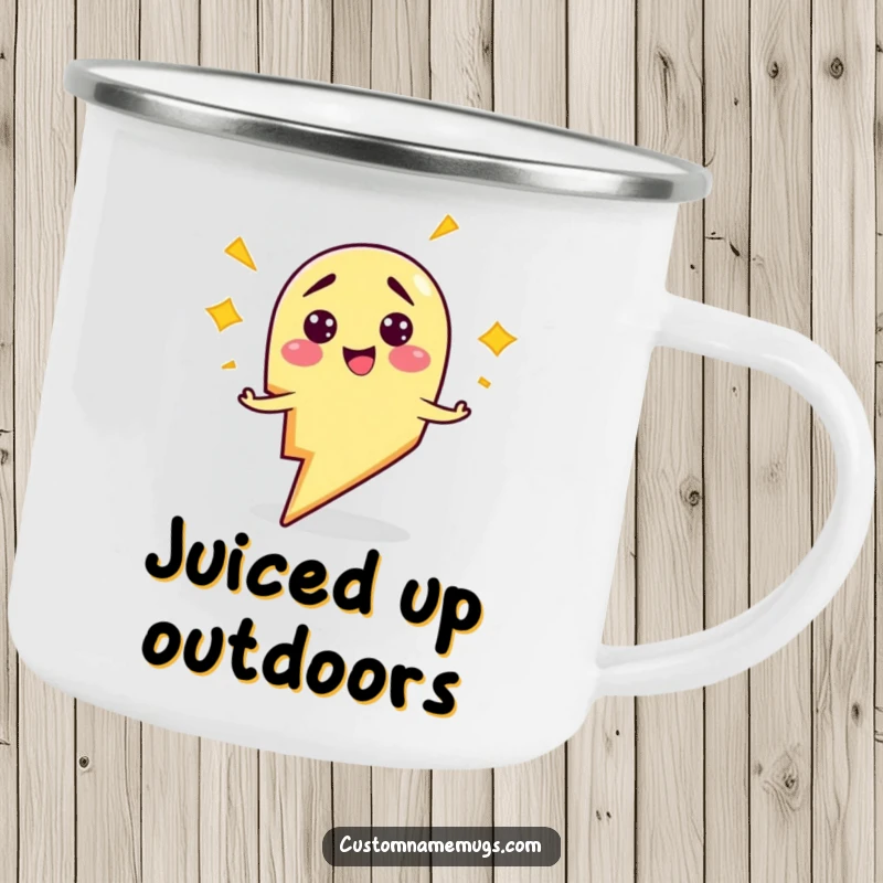 Funny camping mug with a smiling, clumsy lightning bolt character comically zapping himself, perfect for outdoor humor.