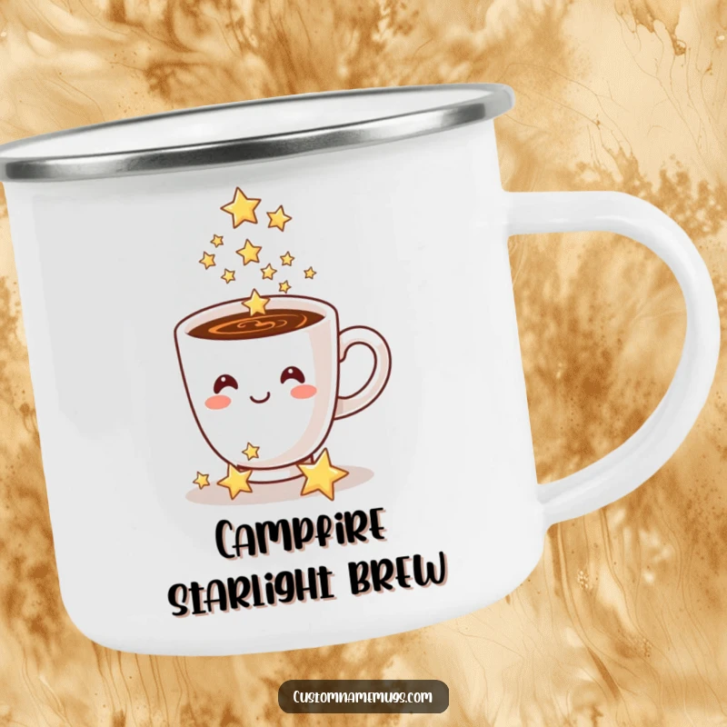 Funny coffee cup camping mug, a smiling cup pouring sparkling stars, for magical outdoor moments.